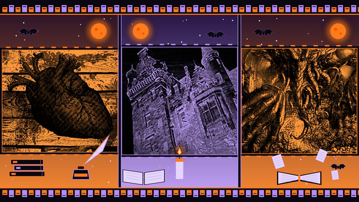 Collage de ilustraciones de clásicos del terror literario: un corazón, una casa embrujada y tentáculos